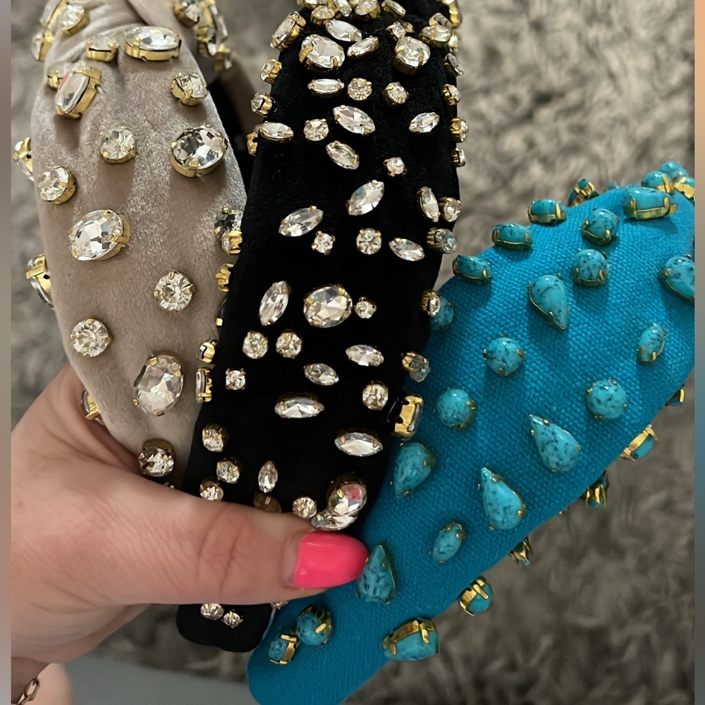 Lele Sadoughi Crystal-Embellished Velvet Headbands in Beige, Black & Turquoise